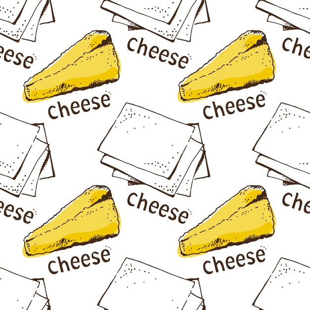 Вектор Бесшовный векторный рисунок сыра, нарисованный вручную, бесшовный фон с едой