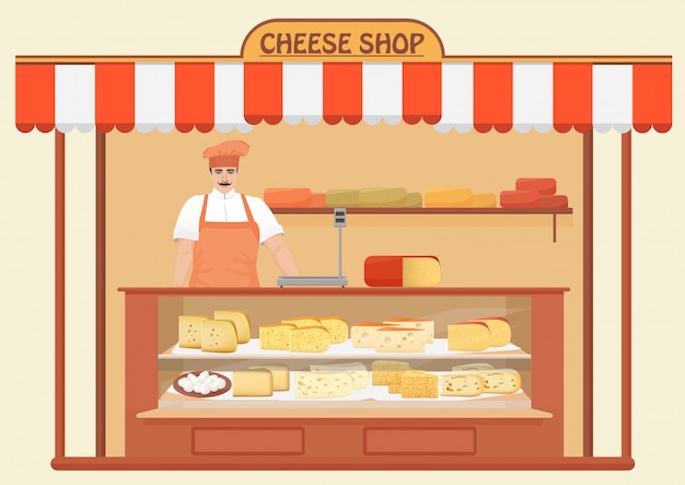 Vector cheese shop with man seller