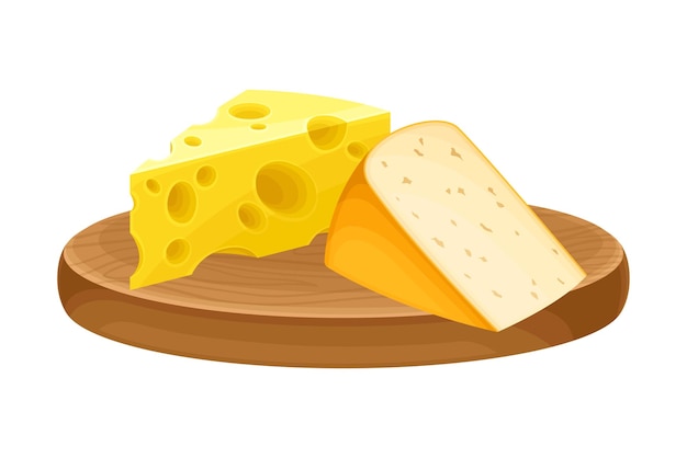 Cheese slabs rested on wooden board as dairy product vector illustration