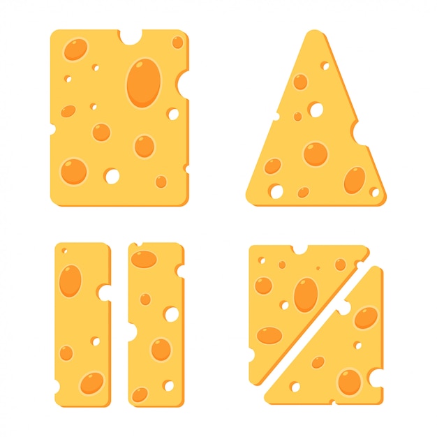 Vector cheese slices and pieces cartoon set isolated on white