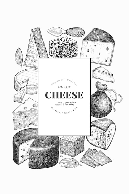 Vector cheese  template. hand drawn  dairy illustration. engraved style different cheese kinds .