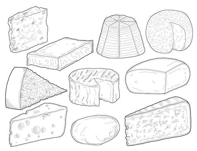 Cheese types collection black and white hand drawn illustration set