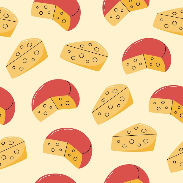 Cheese with holes hand drawn seamless pattern. Farm product in flat style.