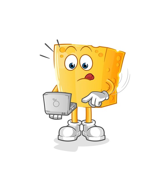 Vettore formaggio con la mascotte del computer portatile. vettore del fumetto