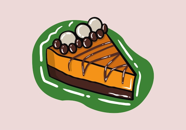 Cheesecake cartoon of caramel with chocolate. Hand drawing sketch vector illustration