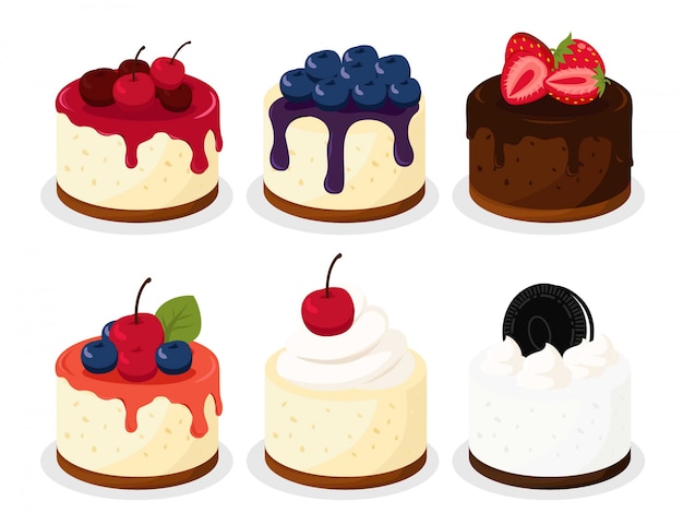 Vector cheesecake types, with fruits and cream
