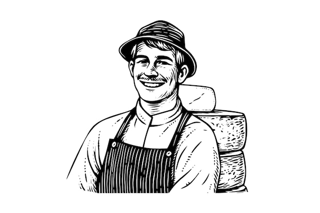 Сыродель или продавец рисуют чернилами эскиз винтажного выгравированного стиля векторной иллюстрации логотипа