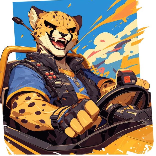 A cheetah in a dune buggy cartoon style