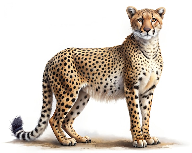 A cheetah is standing in front of a cat