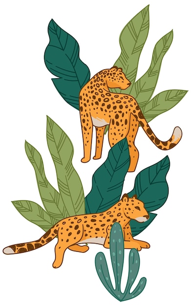Vector cheetah or leopard laying in bush of tropical flowers or plant isolated predator with spotted furry skin resting in shade zoo or national park with animals feline carnivore vector in flat style