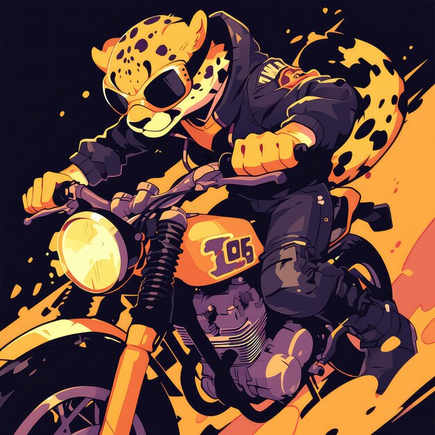 A cheetah on a motorcycle cartoon style