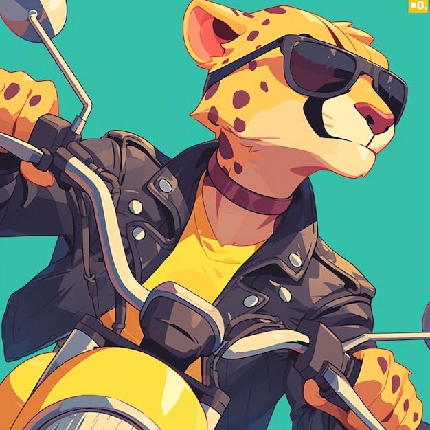 A cheetah on a motorcycle cartoon style