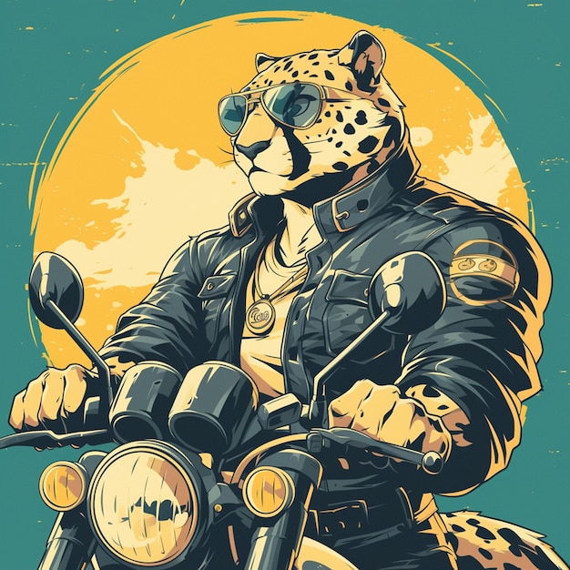 A cheetah on a motorcycle cartoon style