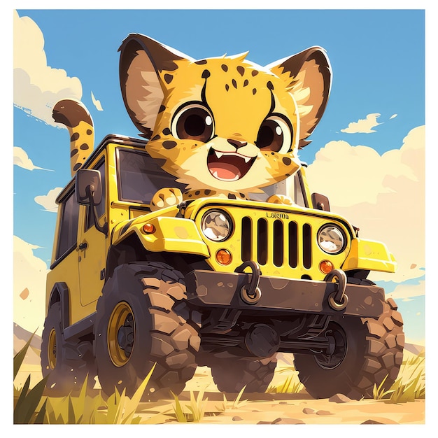 A cheetah in a safari jeep cartoon style