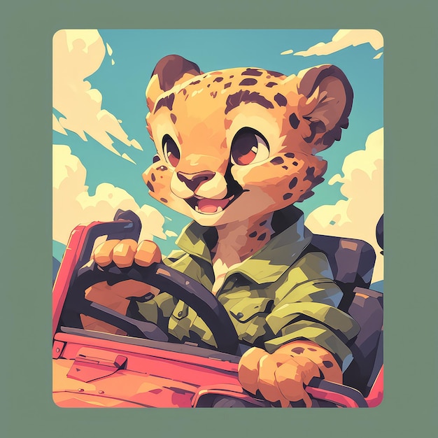 A cheetah in a safari jeep cartoon style