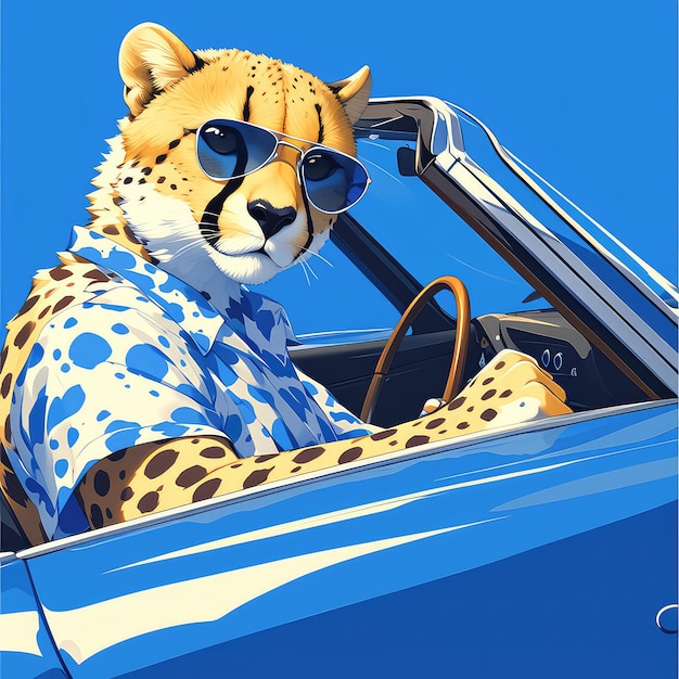 Vector a cheetah in a sports car cartoon style