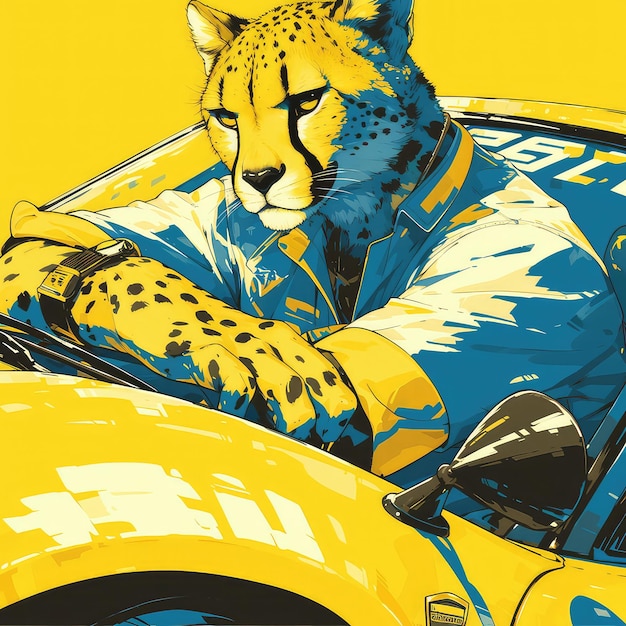 A cheetah in a sports car cartoon style