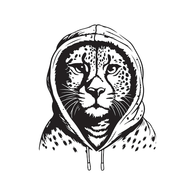 Vector cheetah wearing hoodie vintage logo line art concept black and white color hand drawn illustration