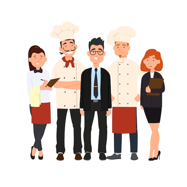 Vector chef, assistants, manager or host, waitress or hostess.