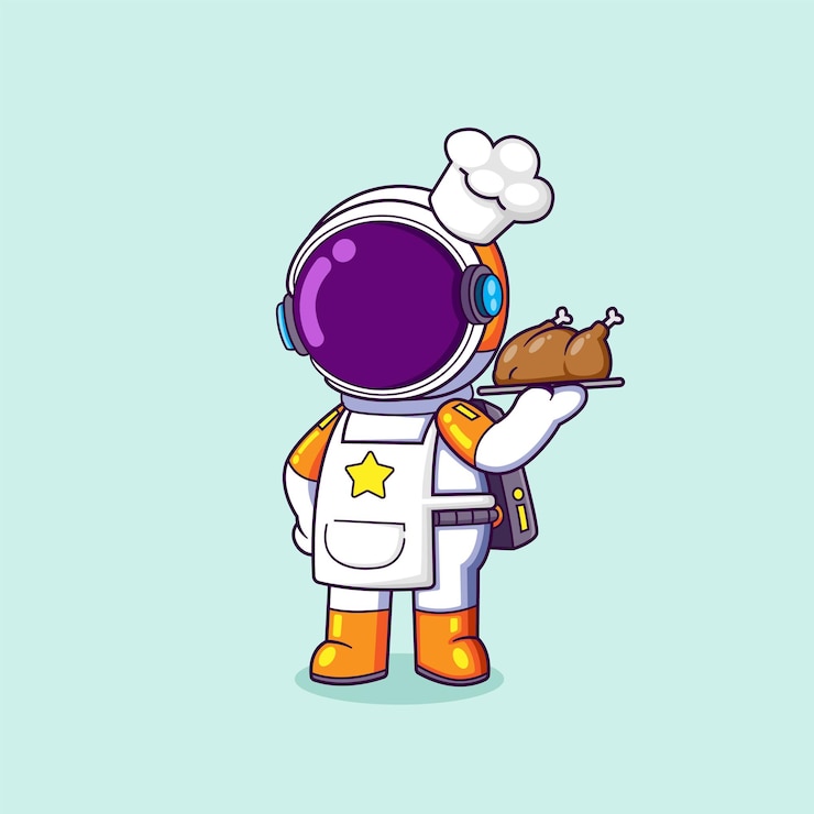 वेक्टर the chef astronaut is serving a tasty grilled chicken and ready to eat