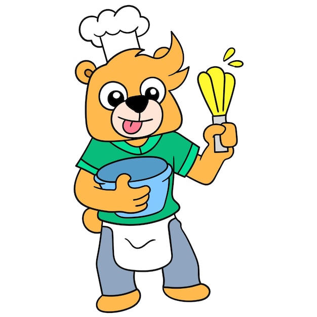 Шеф-повар Медведь на кухне замешивает тесто, чтобы сделать торт, векторная иллюстрация. каракули изображение значка каваи.