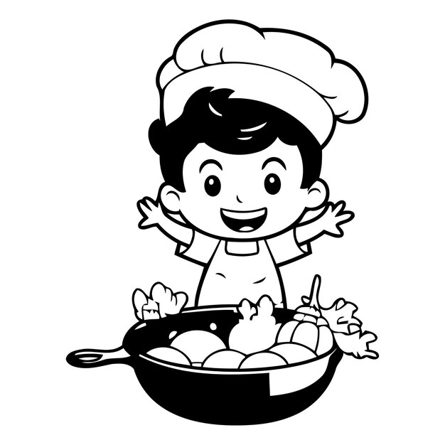 Vector chef boy cooking vegetables in a pan vector illustration of a cartoon character