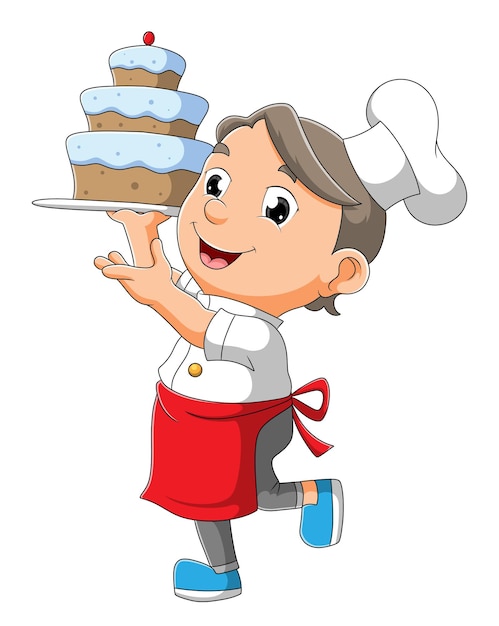 The chef boy is holding a cake of illustration