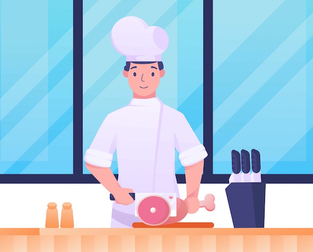 Chef butcher meat in kitchen illustration