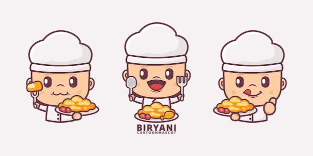 chef cartoon mascot with indian food biryani rice