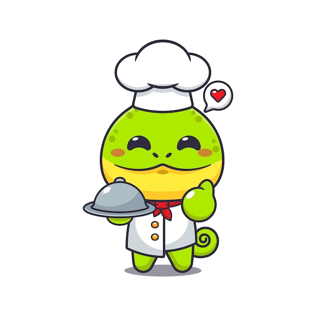 chef chameleon mascot cartoon character with dish