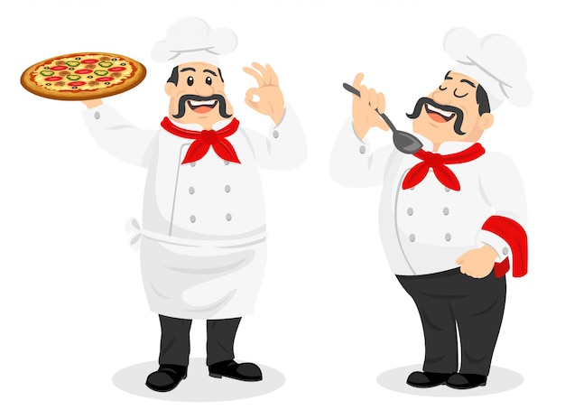 Chef personaggio uomo con pizza e cucchiaio