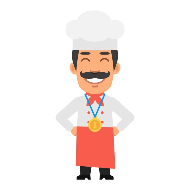 Chef character received gold medal keeps hands on waist and smiling