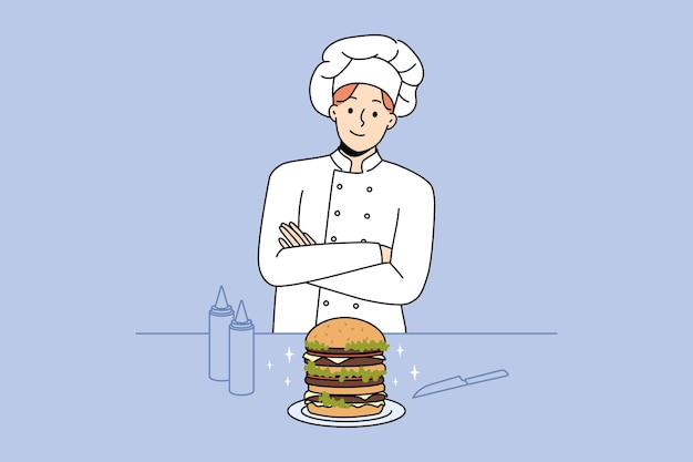 ベクトル シェフはレストランでハンバーガーを調理します
