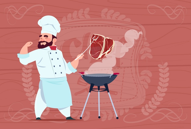 Chef Cook Grill Meat On Bbq Cartoon Restaurant Chief In White Uniform Over Wooden Textured Background