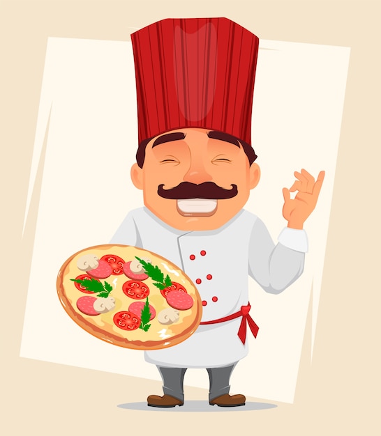 Chef cook holding tasty pizza