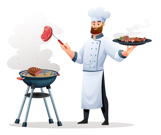 Chef cook meat on barbecue grill illustration