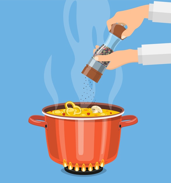 Vector chef cook with pepper mill and boiling pot