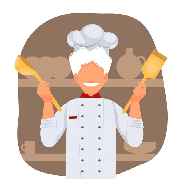 Vector chef cooker man cooking in the kitchen in the restaurant vector illustration