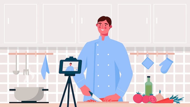 Chef cooking recording in flat design