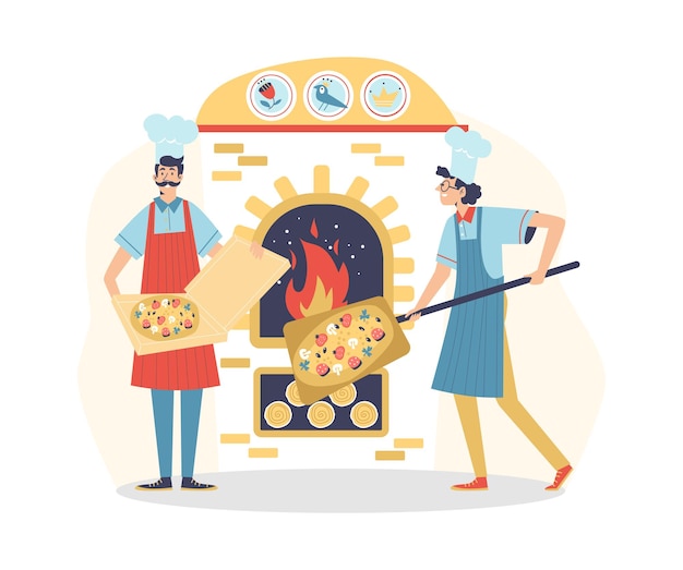 Vector chef cooks putting pizza to brick stone flat vector illustration isolated