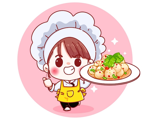 Chef cute with Spicy meatball salad chili cartoon illustration