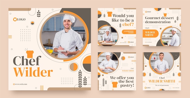 Vettore raccolta di post instagram di chef e gastronomia