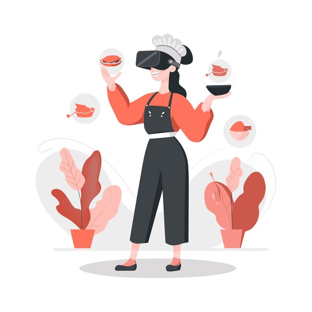 Vector a chef girl following a virtual recipe on ar headset