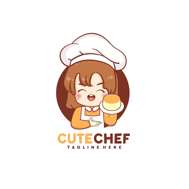 Chef girl holding japanese cheese cake mascot logo