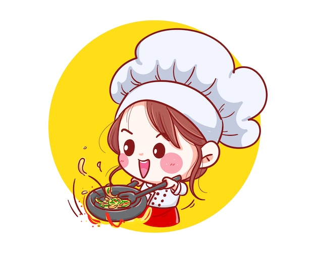 Chef girl Smiling happy is cooking with a happy love in her kitchen illustration.