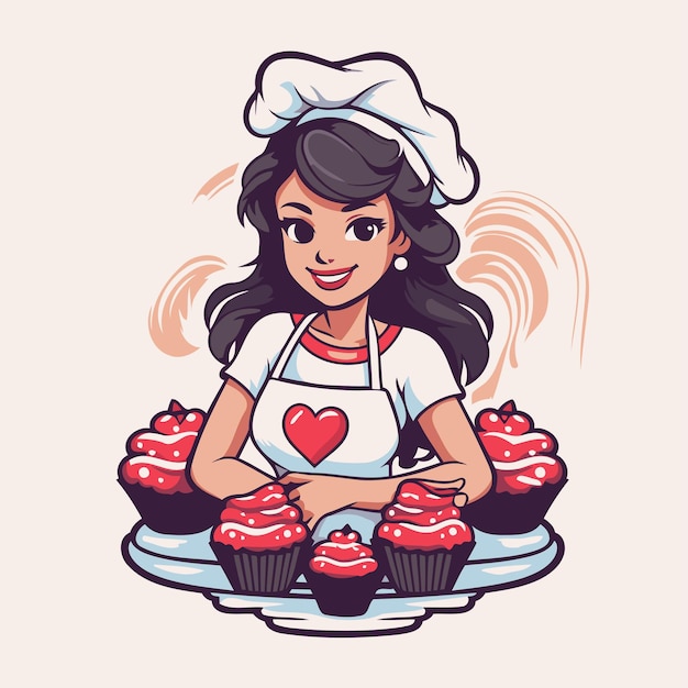 Vettore ragazza chef con cupcakes illustrazione vettoriale in stile cartone animato