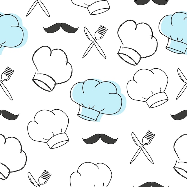 Vector chef hat moustache knife fork seamless pattern hand drawn vector illustration