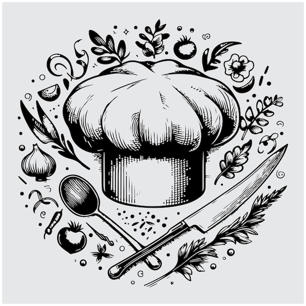 Vector chef hat sketch restaurant concept vintage vector illustration