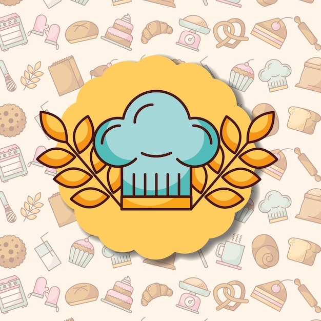 chef hat and wheat ears label dessert bakery background 