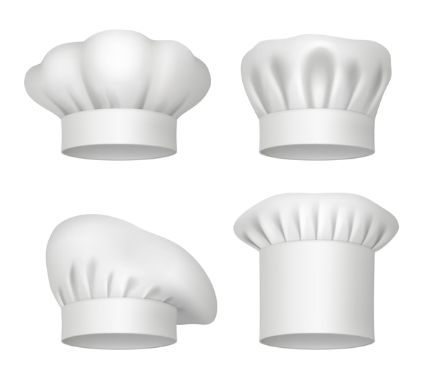 Vector chef hoeden realistische professionele culinaire chef kleding hoeden en bandanas fatsoenlijke vector illustraties mockup van uniforme pet voor kok kleding